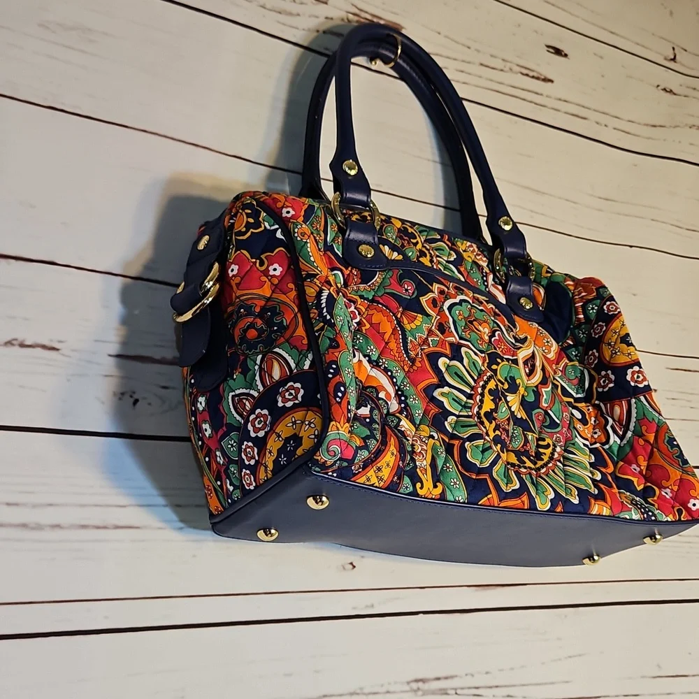 Vera Bradley Boho Paisley Satchel Handbag Leather Trim‎ Gold Accents Top Handle